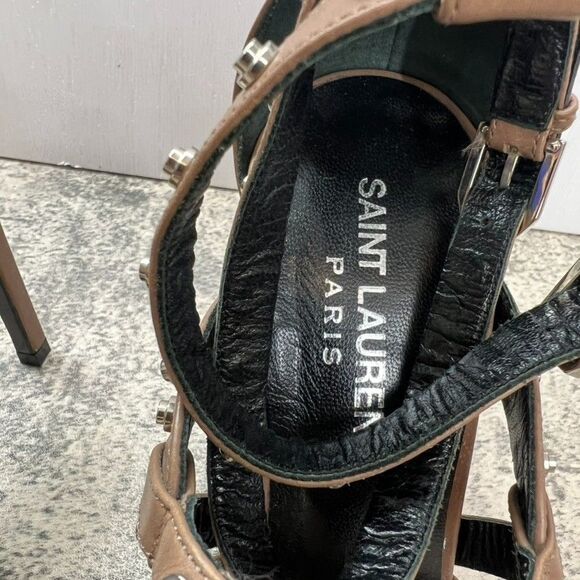 Saint Laurent Paris Jerry Studded Buckle Brown Leather Strappy Heels Womens 6 - Picture 8 of 12